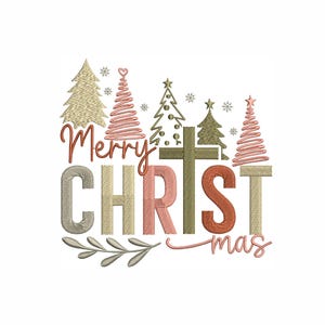 Merry Christmas Embroidery Design with Cross and Trees, Christian Holiday Machine Embroidery Pattern.