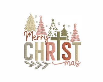 May include: Embroidered design with the words "Merry CHRISTmas" in a mix of colors. The design includes Christmas trees, snowflakes, and a sprig of leaves, perfect for holiday crafts and decor.
