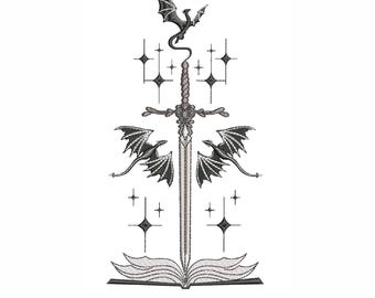 Drachenschwert Stickdatei – Fantasy Book Magical Maschinenstickdatei (6 Größen).