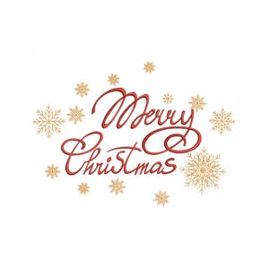 Peut inclure: Texte rouge en cursive "Joyeux Noël" entouré de flocons de neige dorés sur fond blanc. Les flocons de neige sont de tailles et de motifs variés. Idéal pour les décorations de Noël.