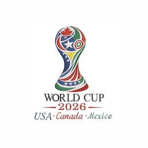 May include: An embroidered patch featuring the 2026 World Cup trophy logo in red, white, blue, and green. The design includes a red maple leaf, a white star, and the text WORLD CUP 2026 USA Canada Mexico in black, red, blue, and green thread.