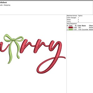 May include: A festive design featuring the word "merry" in a flowing script, with a green bow accent. The word is in a vibrant red color, and the bow is a soft green. This design is perfect for holiday-themed projects.