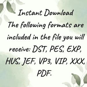 Pode incluir: Imagem com texto sobre um fundo verde claro e branco. O texto diz "Download instant&acirc;neo" e lista formatos de arquivo: DST, PES, EXP, HUS, JEF, VP3, VIP, XXX e PDF. Com motivos de folhas.