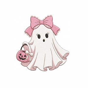 May include: An embroidered design of a white ghost with a large pink bow on its head, featuring black eyes and a small mouth. The ghost is holding a pink jack-o'-lantern bucket with a black handle and a small white bow attached to the side.