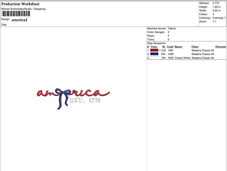 K&ouml;nnte beinhalten: Ein Stickdesign mit dem Wort "america" in Schreibschrift, mit einer blauen Schleife, die den Buchstaben "e" ersetzt. Der Text "EST. 1776" steht darunter. Das Design ist in Rot, Blau und Wei&szlig; gehalten.