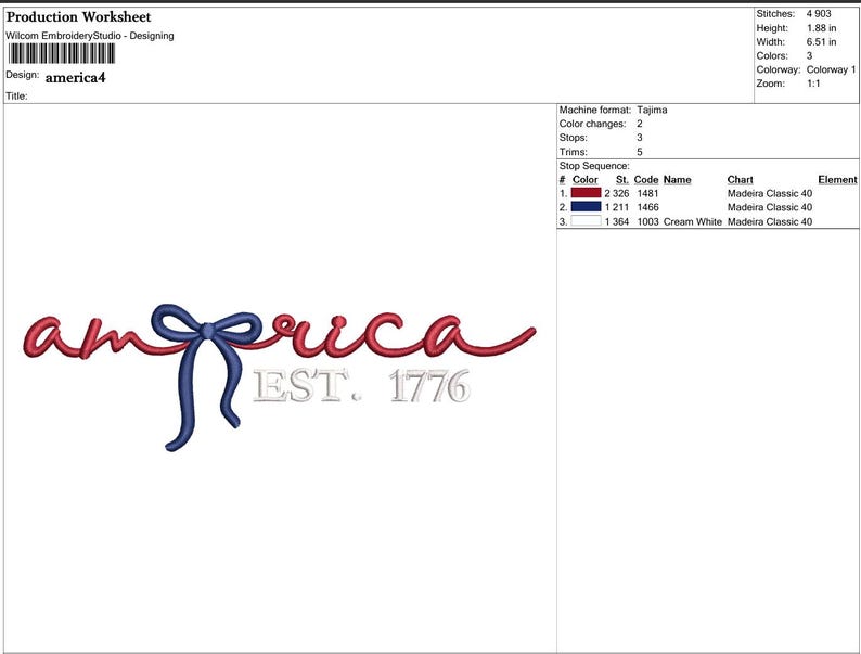 K&ouml;nnte beinhalten: Ein Stickdesign-Arbeitsblatt mit dem Wort "america" in roter Schrift, einer blauen Schleife und dem Text "EST. 1776" in cremewei&szlig;. Das Arbeitsblatt enth&auml;lt technische Details wie Stichanzahl und Farbcodes.