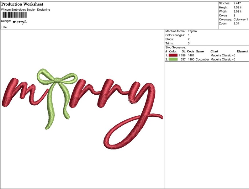 May include: A red embroidered word "merry" with a green bow. The design is for embroidery, with the word in a cursive font. The height is 1.52 inches and the width is 3.02 inches.