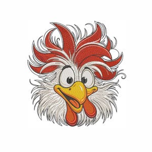 Crazy Chicken Embroidery Design – Funny Cartoon Rooster Machine Embroidery – Wild Hair Hen – Instant Download, 5 sizes.