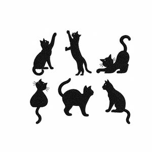 May include: A collection of six black embroidered cat silhouettes in various poses. The designs include cats sitting, stretching, and playing, all rendered with detailed stitching that creates a textured appearance for each feline figure.
