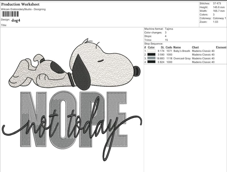 Pode incluir: Um desenho bordado com um c&atilde;o de desenho animado deitado sobre as palavras "NOPE not today" em uma fonte cinza texturizada. O c&atilde;o &eacute; branco com manchas pretas e uma orelha preta. O desenho est&aacute; em um fundo branco.