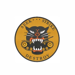 May include: A circular embroidered patch featuring a black panther head with white fangs biting into a yellow and black tank. The background is golden yellow with a black border. The text SEEK STRIKE DESTROY is stitched in black around the panther.