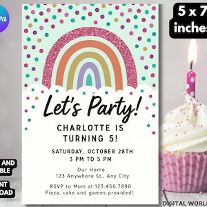 Invitación de cumpleaños con brillo arcoíris: Plantilla editable de Canva (descarga digital, archivo PDF de 5 x 7 pulgadas)