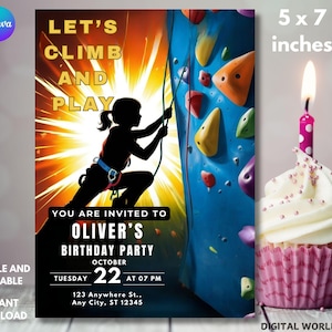 Convite de aniversário para escalada, convite para festa de escalada, modelo digital editável, download instantâneo, cartão para festa de aniversário para impressão