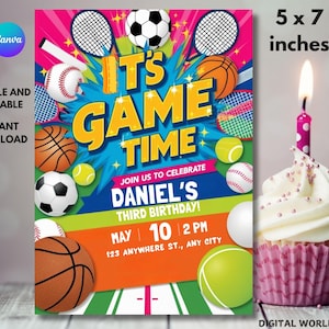 Faire-part d'anniversaire sportif modifiable, invitation à une fête sportive, invitation numérique de jeu de sport, invitation All Star, invitation à thème sportif, téléchargement immédiat