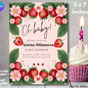 Berry Sweet Baby Shower Invitation, Berry Sweet Baby Shower Blush Berry, Berry Sweet Invitation, Strawberry Baby Shower, Canva
