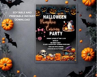 Sjabloon uitnodiging spooky Halloween-feest, bewerkbare pompoen uitnodigen, Halloween verjaardag uitnodigen, Canva uitnodiging, Instant Download