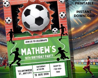 Redigerbar fotbollsfödelsedagsinbjudan Canva-mall | Fotbollsfestinbjudan för pojkar | Utskrivbar fotbollsfödelsedagsinbjudan för barn 5x7