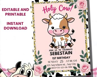 Holy Cow First Birthday Invitation, Cowgirl Farm Birthday Invite, Pink Cow Print Party, Editable Canva Template, Girl 1st Birthday Invite