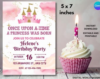 Princess Fourth Birthday Invitation: Castle Party, Editable Text (Digital Download)
