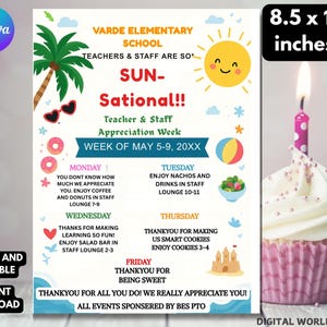 Editable Beach Theme Teacher & Staff Appreciation Sunsational Itinerary Flyer Canva Template Schedule Printable