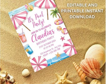 Pink Pool Party Invitation, Summer Swim Birthday Invite, Girls Pool Party Invite, Tropical Birthday Invitation,  Pool Party Card