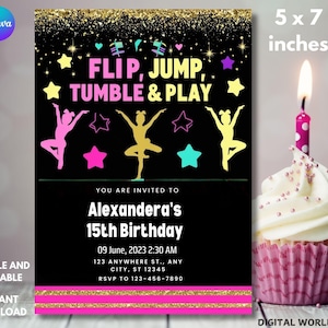 Bearbeitbare Jump Tumble & Play Gymnastics-Geburtstagsfeier-Einladung, Mädchen-Tumbling-Party-Vorlage, Trampolin einladen, Jump-Thema-Party einladen