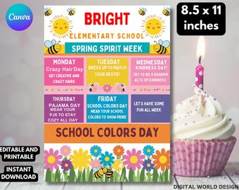 Editable Spring Spirit Week Flyer Canva Template, School Spirit Schedule