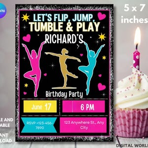 Bearbeitbare Jump Tumble & Play Gymnastics-Geburtstagsfeier-Einladung, Mädchen-Tumbling-Party-Vorlage, Trampolin einladen, Jump-Thema-Party einladen