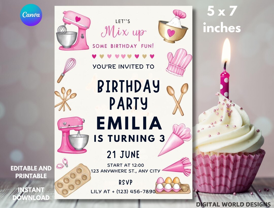 Editable Baking Birthday Invitation Template: Pink Kitchen Party ...