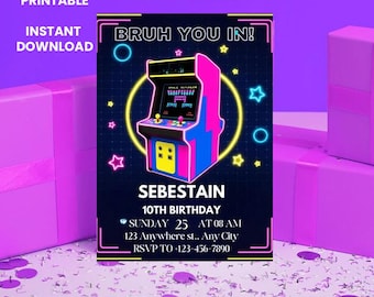 Invitación de cumpleaños estilo arcade: Fiesta de videojuegos retro (editable en Canva, digital)