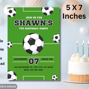 Soccer Birthday Invitation | Editable 7th Birthday Party Invite | Green Sports Theme | Instant Download | Printable 5*7 Canva Template