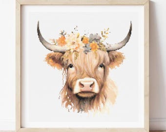 Highland Cow Cross Stitch Pattern | Watercolor Cow with Flowers Cross Stitch | Rustic Farmhouse Embroidery |  Scottish Animal Cross Stitch
