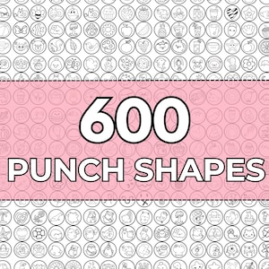 Puede incluir: Una imagen con 600 formas de troquelado, cada una dentro de un círculo pequeño, sobre un fondo blanco. Las formas son dibujos lineales en blanco y negro de varios objetos y personajes. Una pancarta rosa en el centro dice "600 PUNCH SHAPES."
