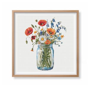 Wildflowers Cross Stitch Pattern | Spring Flowers in Mason Jar Cross Stitch Pattern | Floral Embroidery Design | Cottage Summer Cross Stitch