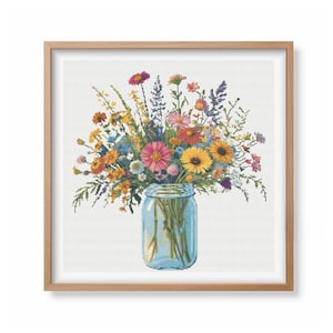 Wildflowers Cross Stitch Pattern | Spring Flowers in Mason Jar Cross Stitch Pattern | Floral Embroidery Design | Cottage Summer Cross Stitch