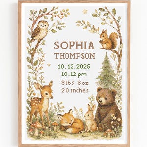 Woodland Baby Birth Announcement Cross Stitch Pattern, Personalized Birth Record Sampler, Forest Animal Nursery Decor Custom Name Embroidery