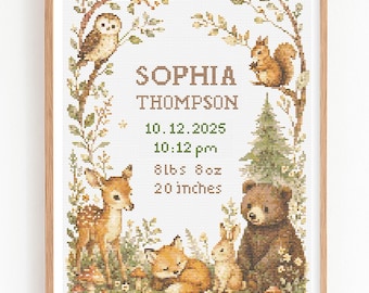 Woodland Baby Birth Announcement Cross Stitch Pattern, Personalized Birth Record Sampler, Forest Animal Nursery Decor Custom Name Embroidery