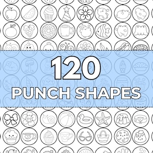 Op de afbeelding: Een verzameling van 120 stansvormen met diverse ontwerpen, waaronder dieren, voedsel en seizoensgebonden iconen. De ontwerpen zijn zwart-wit, elke vorm is opgenomen in een cirkel. De tekst "120 PUNCH SHAPES" staat in het midden.