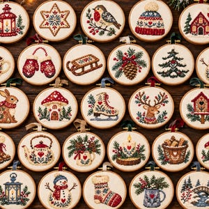 May include: A collection of twenty-four circular embroidery hoops featuring various Christmas-themed cross-stitch designs, including a lantern, star, robin, winter hat, house, mug, mittens, sled, pinecone, tree, snowman, rabbit, mushroom, skate, deer, birdhouse, boots, teapot, candle, basket, and stocking.
