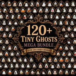 Może przedstawiać: Cyfrowa kolekcja ponad 120 ilustracji małych duchów, każda w okrągłej złotej ramce. Centralny tekst brzmi 120+ Tiny Ghosts Mega Bundle, Over 120 Unique Designs. Tło zawiera ciemne, ozdobne obramowania, jesienne liście i świece.