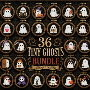 May include: A collection of 36 embroidered tiny ghost designs in wooden hoops. Each ghost is white and features unique accessories and expressions, including hats, accessories, and holding objects. The text "36 Tiny Ghosts Bundle" is displayed in the centre.