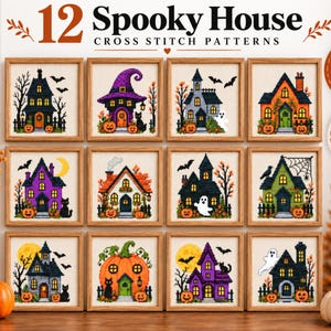 Puede incluir: Una colección de 12 patrones de punto de cruz Spooky House en marcos de madera. Los diseños muestran casas encantadas, calabazas, gatos negros, fantasmas, murciélagos y lunas en naranja, morado, verde y negro. El texto incluye 12 Spooky House Cross Stitch Patterns, 12 Designs e Instant Download.