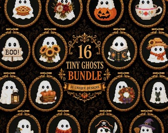 May include: A collection of 16 cross-stitch patterns featuring white ghosts in wooden embroidery hoops. The designs include ghosts with pumpkins, flowers, books, a pirate hat, and a sign reading BOO!. The central text reads 16 TINY GHOSTS BUNDLE.