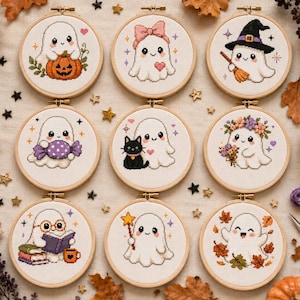 May include: Nine circular wooden embroidery hoops containing cross-stitch patterns of white ghosts. The ghosts are depicted with various accessories including a pumpkin, a pink bow, a witch hat, candy, a black cat, flowers, books, a star wand, and autumn leaves.