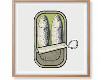 Sardines Can Cross Stitch Pattern | Funny Sardines Cross Stitch | Vintage Food Art | Fish Can Embroidery Design | Modern Cross Stitch PDF