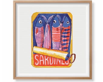 Sardines Can Cross Stitch Pattern | Funny Sardines Cross Stitch | Sardine Food Art | Fish Can Embroidery Design | Modern Cross Stitch PDF