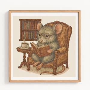 Bookish Cross Stitch Pattern, Mouse Reading Book, Vintage Book Lovers Cross Stitch, Retro Bookshelf, Cozy Rustic Xstitch, Cottage Embroidery