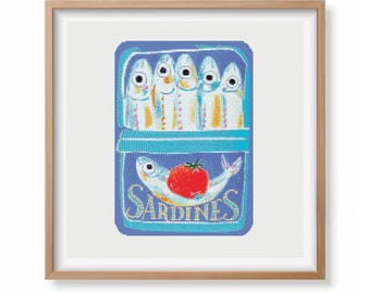 Sardines Can Cross Stitch Pattern | Funny Sardines Cross Stitch | Sardine Food Art | Fish Can Embroidery Design | Modern Cross Stitch PDF