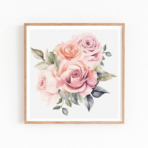 Patrón de punto de cruz de rosas rosadas, bordado de ramo floral, flores de jardín victoriano, estilo cottagecore vintage, gráfico de punto de primavera, descarga en PDF