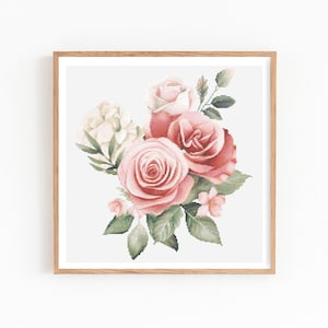 Patrón de punto de cruz de rosas, bordado de ramo floral, flores rosas de jardín victoriano, gráfico de punto de primavera estilo cottagecore vintage, descarga en PDF